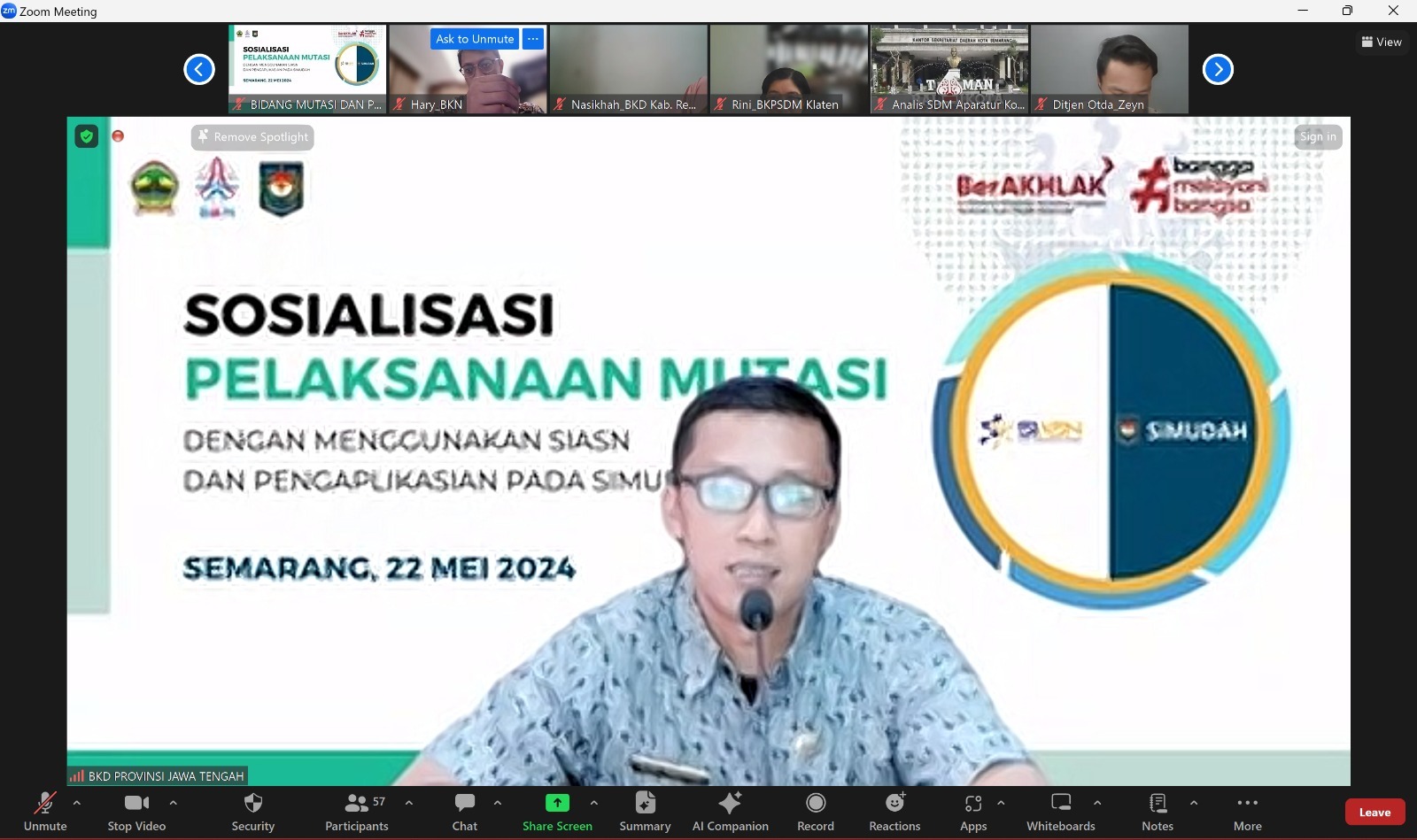 Subbidang Pemindahan dan Pemberhentian Bidang Mutasi BKD Provinsi Jawa Tengah menyelengarakan Sosialisasi Pelaksanaan Mutasi dengan menggunakan Sistem SIASN dan Pengaplikasian pada Sistem SIMUDAH